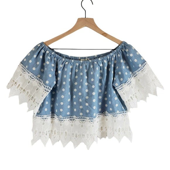 Iris Blue Crochet Crop Top Off Shoulder Womens Size S Boho Festival Polk Dot - Picture 7 of 7